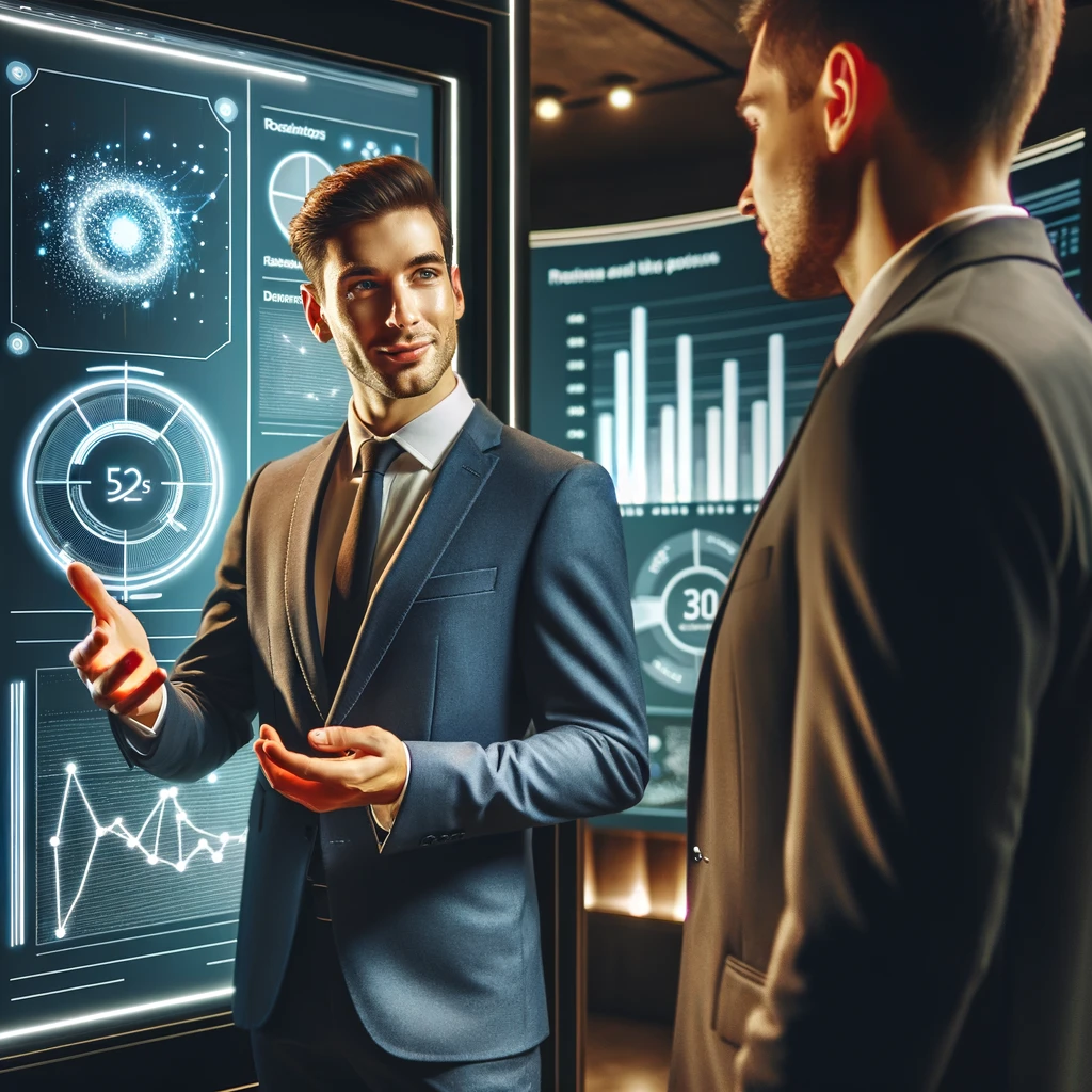 confident sales interaction between sales person and customer