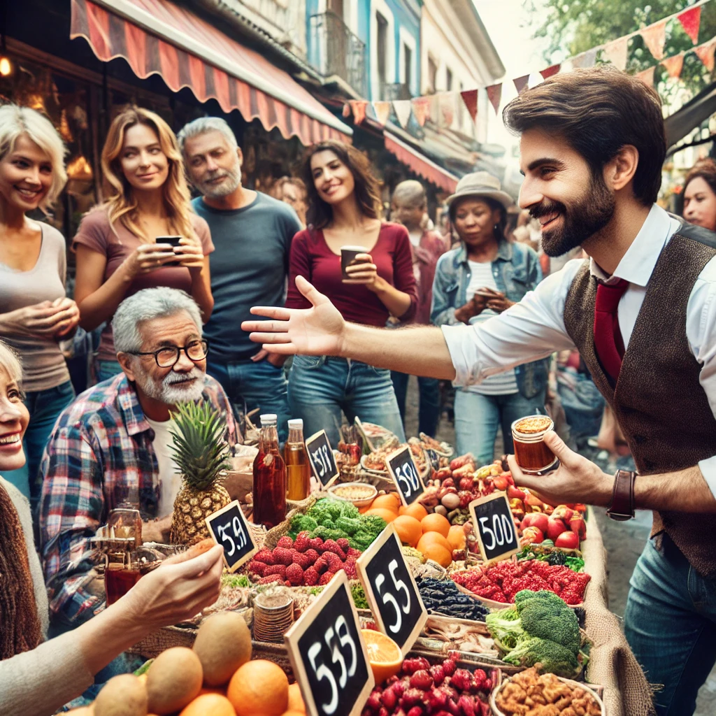 A charismatic street vendor engaging with customers